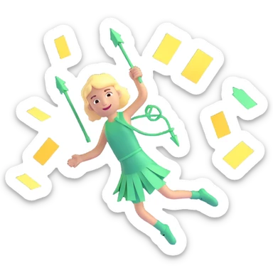 3D icon of a person in mid-jump, multitasking, arrows radiating outward, floating sticky notes, sparkles, dynamic motion, bright colors, vibrant lighting, playful and organized chaos, planning style sticker