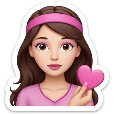 Pink and clothes emoji, inspired with brunette hair, brown eyes, long hair, heart shape lips and pink make up  and pink nails, mauve pink blush and a chocolate brown bandw sticker