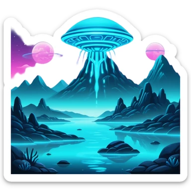 extraterrestrial futuristic otherworldly cyan bioluminescent neon-glowing aesthetic scenery sticker