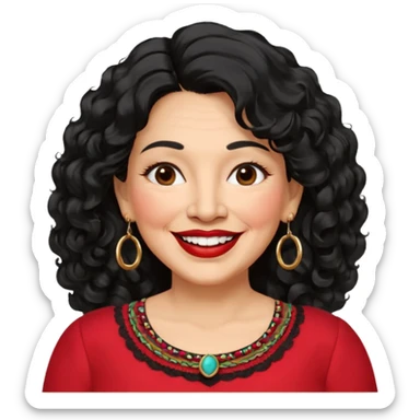 60 yr old Mexican woman, slightly chubby, wavy/curly long black hair, red lipstick, big smile, white teeth, brown eyes, hoop earings, side part to hair, round face, nice blouse, no wrinkle hair side swept, big hoop earing sticker