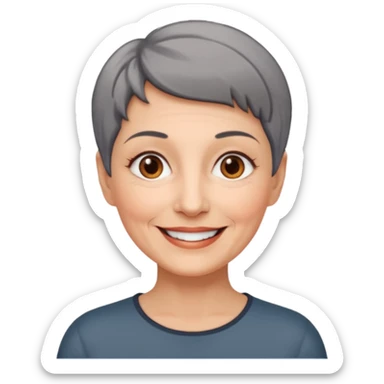 woman 60 years old, shaved short dark grey hair, brown eyes smile sticker