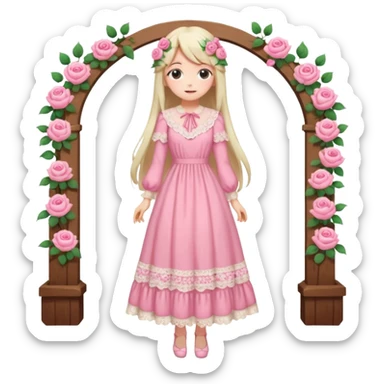 pastel anime woman with pink and white lace cottage dress full body and long hair with roses sticker