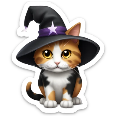 Calico cat wearing a black witches hat with white stars sticker