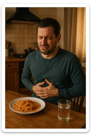 a man sits at a dining table, looking uncomfortable and holding his stomach after eating a plate of pasta. His expression shows mild pain or bloating. On the table, there’s a half-eaten plate of spaghetti, and a glass of water. The background is a cozy kitchen, but the focus is on the man’s discomfort.

 sticker