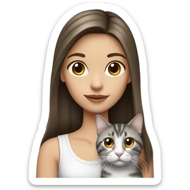 long hair brunette girl with brown eyes holding grey and white tabby cat sticker