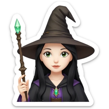 a girl with black long hair, witch hat and a magic wand in her hand sticker