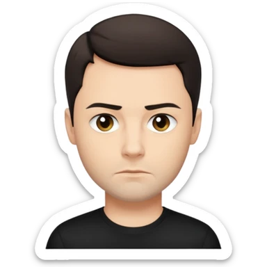 Oliver Riedel, serious face, short dark hair, black t-shirt sticker