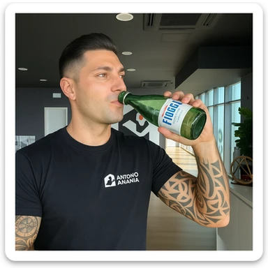 Realistic man drinking a bottle of Fiuggi water in glass, inspired by the provided photo. The bottle should be clearly glass and recognizable as Fiuggi water. Positive atmosphere, realistic style. sticker