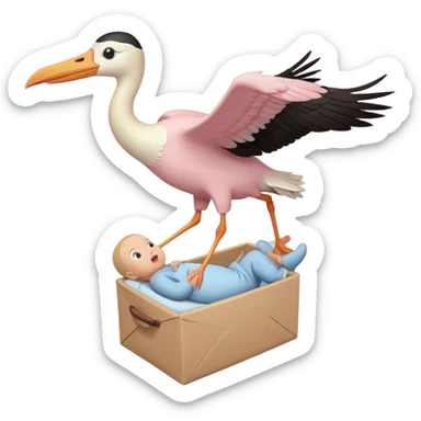Human baby in a light pink bundle being carried by a flying stork sticker