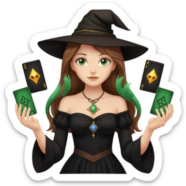  witch girl with long light brown hair and green eyes and Tarot cards without hat and in sexy dress  sticker