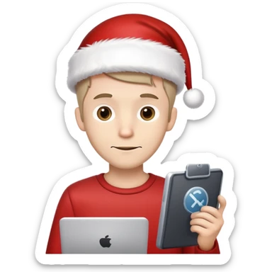 Short haired white mail, skinny, mustang, no beard, Santa Claus hat holding software developer tools sticker