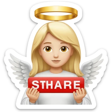 "Um emoji de anjo com cabelos loiros, um halo, asas, segurando um sinal de 'compartilhar' em letras em negrito." sticker