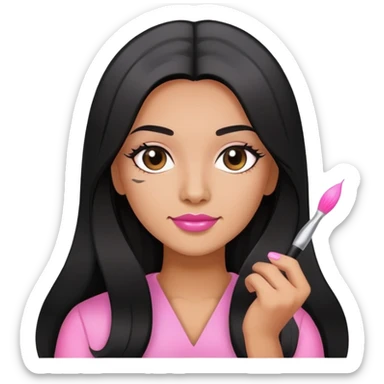 Pink Nail Tech with black long hair holding small acrylic brush sticker