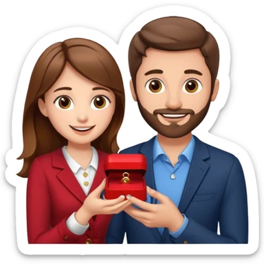 A brown haired man with a short beard proposing to a brown haired girl with a ring box sticker