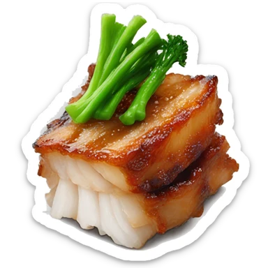Crispy pork belly on oyster sauce with green vegetable sticker