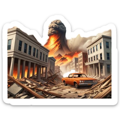 A vintage movie poster-style design with a dramatic scene of a natural disaster like an earthquake, tornado, or tsunami. Include crumbling buildings, flying debris, and fiery explosions. The background should be chaotic, with a cinematic, apocalyptic vibe. Transparent background. sticker