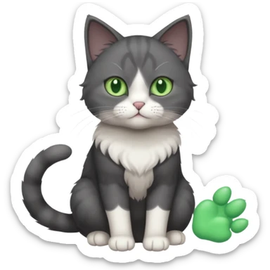 full body view of beautiful female solid dark grey cat with green eyes, white toes/paws and white patch on her chest sticker