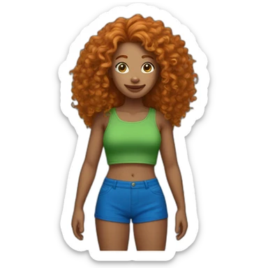 Curly Ginger woman, green crop top, blue shorts sticker