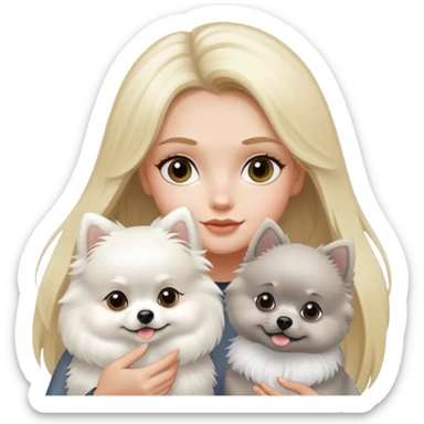 blond hair girl holding a white pomeranian and grey pomeranian  sticker