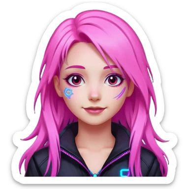 girl neon cyberpunk light pink happy long hair sticker