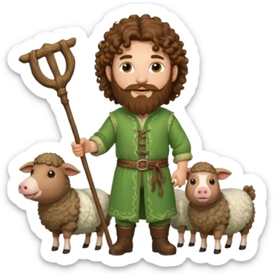happy young shepard with long curly brown beard and long curly brown hair, in green magical outfit, with wooden shepard stick in hands, taking care of sheep and pigs sticker