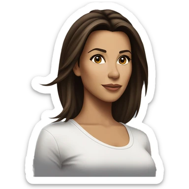 3/4 face, contrasted, shadow, light, Eva Longoria expression, standing from a distance, thin nose, brunette woman, hazel eyes, long eyelashes, dark shoulder shaded hair, white t-shirt, jeans, white sneakers sticker