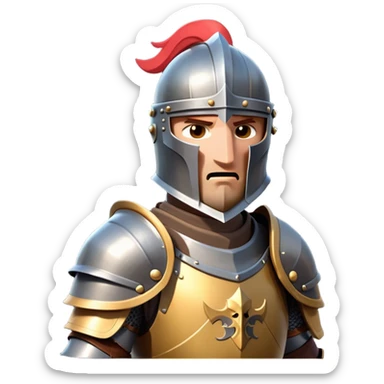 clash-of-clans-aesthetic_-cinematic-fearsome-and-majestic-knight-bust-portrait-emoji, rendered in a flat, vector-style with minimal shading and bold, simplified shapes typical of emoji art, depicting a battle-ready medieval knight standing, mounted on a heavily armored warhorse with plated barding gleaming in the sunlight. sticker