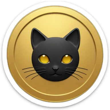 A round gold coin with a matte black color on the sides, and a cat's head in the center of this coin sticker