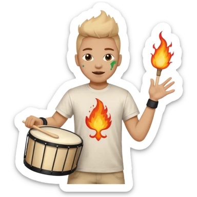 A loud fan, simple tee shirt with paint on his cheeks with a marching drum, beating it with fiery enthusiasm sticker