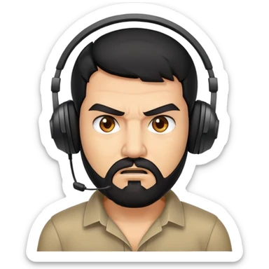 Angry man with black hair, brown eyes, black beard wearing a gaming headset sticker