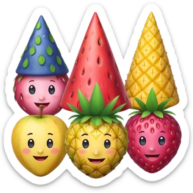 strawberry, blueberry, raspberry, banana, mango, pineapple pink lady apple having a party sticker
