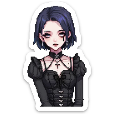 gothic femboy with wide shoulders, small chest, dark clothes and makeup sticker