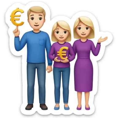 family of three (mom, dad, one child) standing together with euro symbol sticker