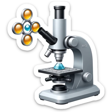 An icon featuring two-ocular electron microscope, a metal alloy, atomic structure symbols, a crystal structure. The design includes different materials like metals, ceramics and polymers, alongside a stamp representing testing and quality control. Transparent background sticker