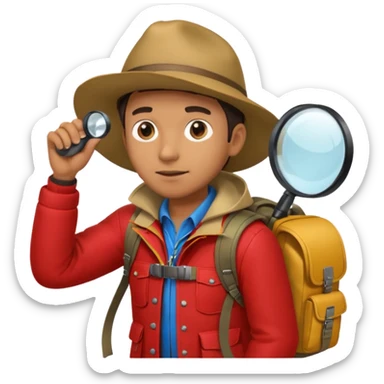 Explorer man with red jacket backpack and magnifying glass sticker
