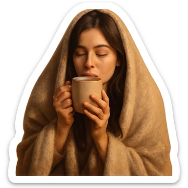 girl brunette inside a blanket sipping coffee, eyes closed, cozy and warm atmosphere, variation 3 sticker