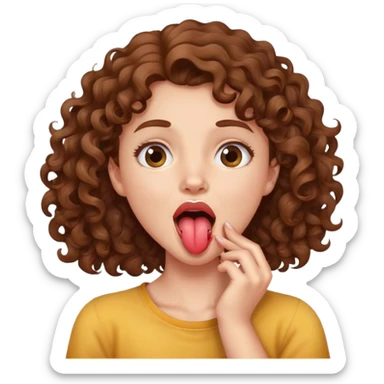 a girl with brown curly hair holding her neck with her mouth open and tongue out sticker