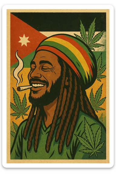 A digital vintage-style poster illustration of a Jordanian Rasta man with dreadlocks, wearing a red, yellow, green striped tam hat. He is smiling peacefully with a lit herbal spliff in his mouth. The background features the official Jordan flag — black, white, green horizontal stripes with a red triangle and a white 7-point star — accurately displayed behind him. Cannabis leaves are tastefully arranged around the composition, and the poster includes Rasta color textures blended with the Jordanian palette. Use a retro poster style with warm, slightly aged textures, bold outlines, and soft shading to evoke a soulful reggae vibe that honors both Jordanian pride and Rasta spirit. The mood is chill, powerful, and respectful sticker