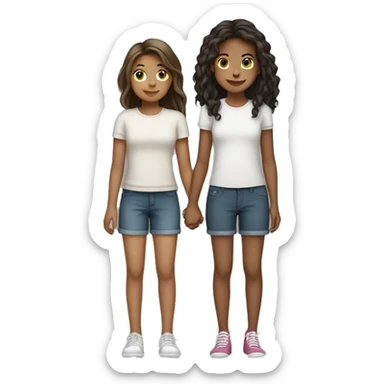 Two girls holding hands one short one tall, tall girl has long hair short girl has short hair sticker
