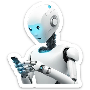 a humanoid robot looking at his iphone sticker