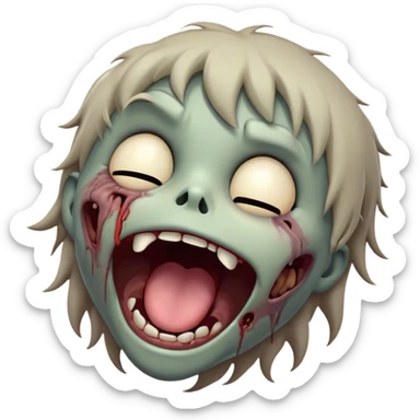 Cinematic Cute Yawning Zombie Portrait Emoji, with a delightfully quirky, slightly disheveled face in muted ashen tones, head tilted back in a big, funny yawn that reveals quirky stitches and playful gaps, simplified yet irresistibly charming, highly detailed with a soft, eerie glowing outline capturing the sleepy, offbeat vibe of a zombie taking a nap! sticker