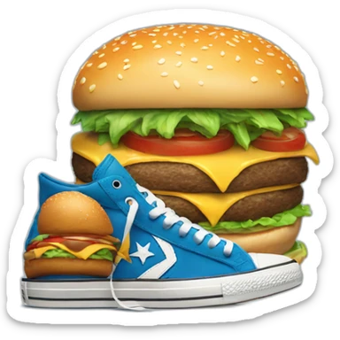 A giant burger next to à Converse sneakers blue sticker