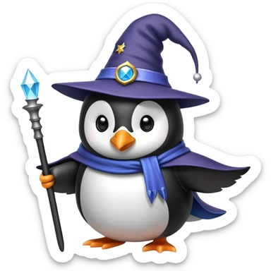 penguin wearing a wizard hat and holding a magic wand sticker