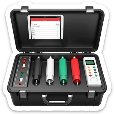 An open black hard-shell test case, inside: technical control panel, a power outlet, USB port, and colored test sockets. A large roll of white test labels lies next to the equipment, along with one red test probe. sticker