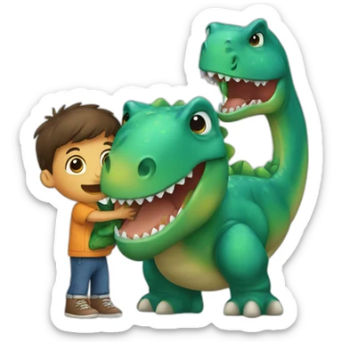Kid hugging a dinosaur sticker