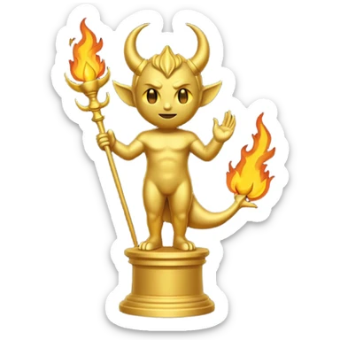 Minimalist emoji-style sticker of a full-body Oscar-like statue, completely gold, with small devil horns on the head and a pointed tail subtly wrapping around the leg. The statue stands on a dark pedestal surrounded by faint fire or smoke.  sticker