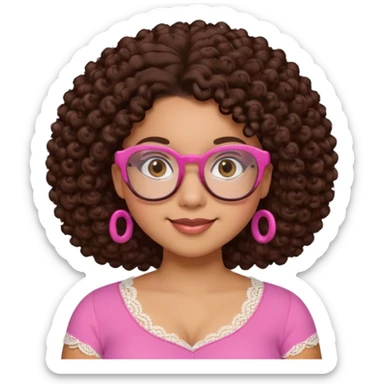 medium-light kinned afro-latina girl with medium length chocolate brown side part curly hair, brown glasses, brown eyes, pink sweetheart necklined top with lace, round wide-ish nose, chubby oblong face sticker