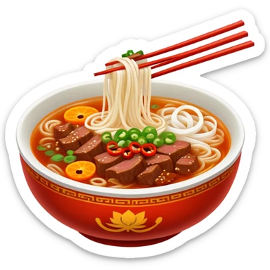 Jiangxi Rice Noodles with spicy beef soup, simplified emoji style with bold outlines and bright colors, cartoon style southern Chinese Fen specialty sticker