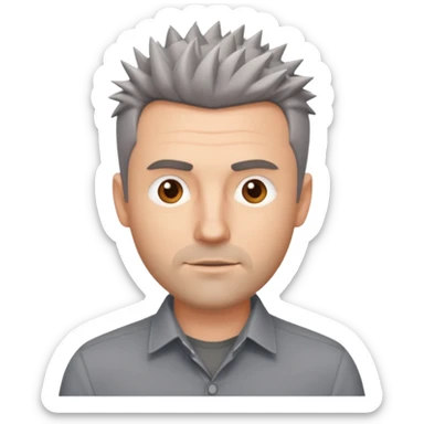 40 yr old white man short spike hair grey dress shirt sticker