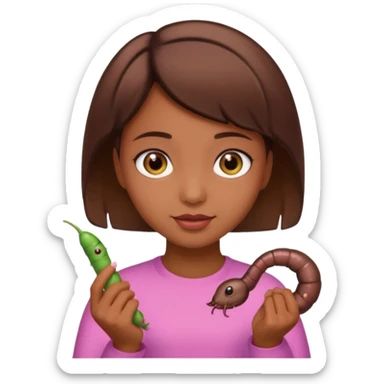 a girl with brown eyes, brown short hair and a worm sticker